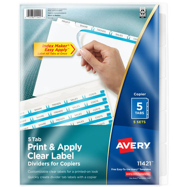 Avery 5-Tab Binder Dividers, Easy Peel Clear Labels for Copiers, Index Maker, White Tabs, 5 Sets (11421)